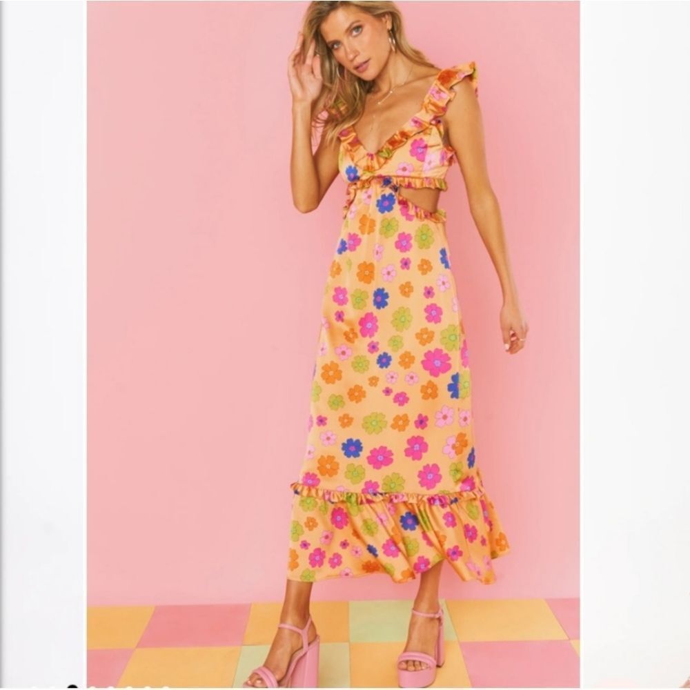 Show Me Your Mumu Satin Floral Cut Out Sides Ruffle Accent Dress